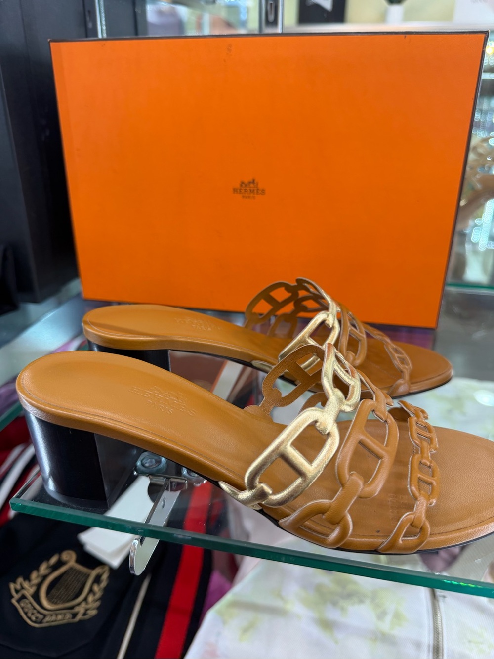 Hermes Tan Leather Chain-Link Slide Heels - Picture 9 of 12